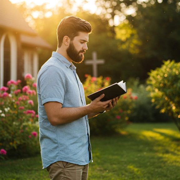 Bărbat creștin meditând la Biblie într-un parc