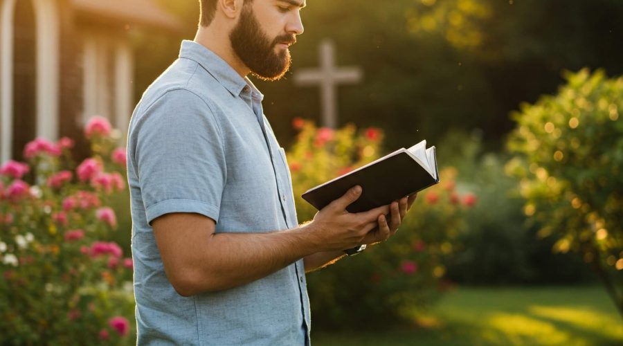 Bărbat creștin meditând la Biblie într-un parc